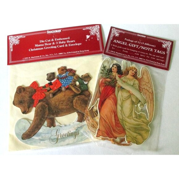 Vintage Die Cut Embossed Card and Note Tags Lot 1990s Shackman Angels Bear - Picture 1 of 9